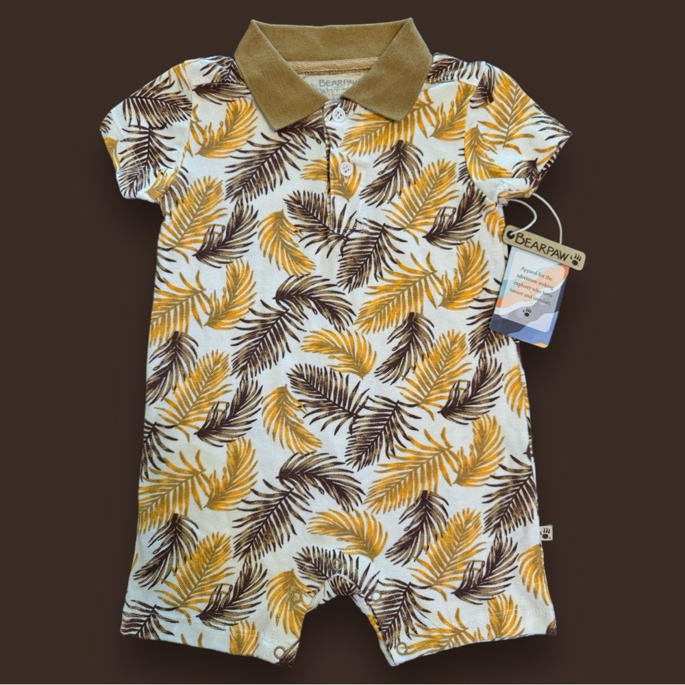 NWT BearPaw Collared Palm Leaf Cotton Romper